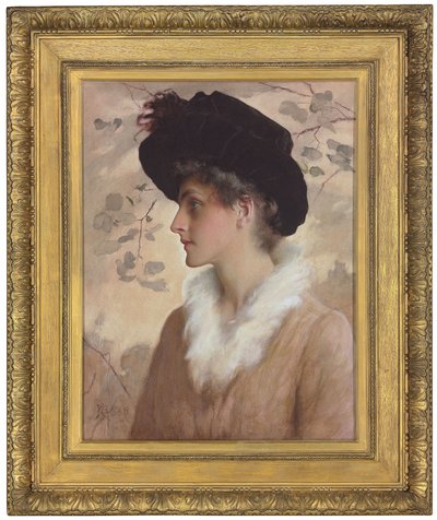Portrett av en dame, halvlang, iført en svart hatt og pelsstol, 1888 av George Henry Boughton