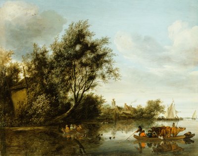 Et elvelandskap med en høyloft blant trær og en ferge med passasjerer og storfe av George Henry Clements