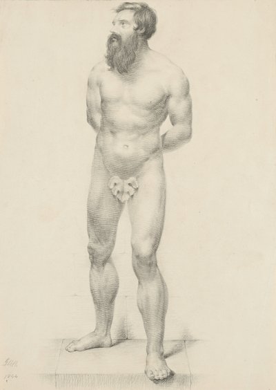 Uten tittel - Stående mannlig naken med fikenblad, 1844 (grafitt på brunfarget papir) av George Henry Hall
