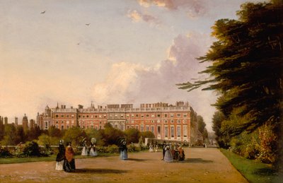 Utsikt over sørfronten til Hampton Court Palace fra Broad Walk, ca. 1827-49 (olje på lerret) av George Hilditch