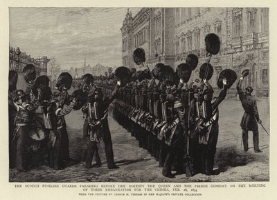 The Scotch Fusilier Guards paraderer foran Hennes Majestet Dronningen og Prinsgemalen om morgenen deres ombordstigning for Krim, 28. februar 1854 av George Housman Thomas