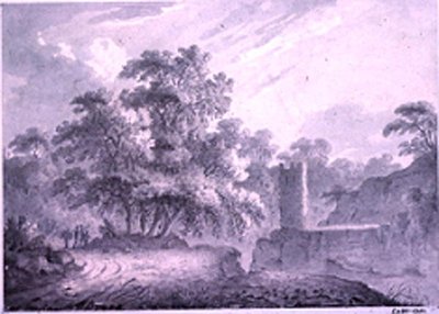 En landevei med reisende ved siden av et tårn, bygget på en steinete klippe, ved Marino, nær Lake Albano av George Howland Beaumont