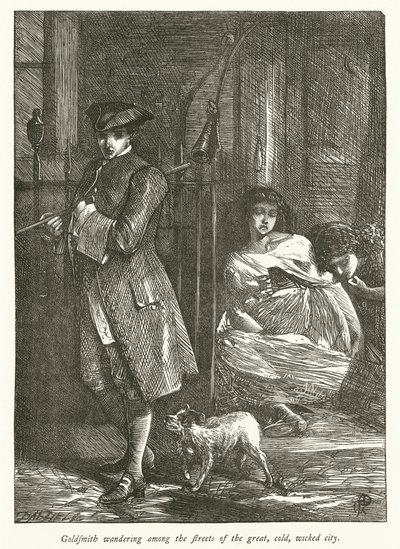 Gullsmed vandrer blant gatene i den store, kalde, onde byen (gravering) av George John Pinwell