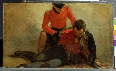 En Highlander, Black Watch som deltar på en general av husarer, muligens Lord Uxbridge: en studie for 