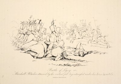 Slaget ved Ligny: Marshall Blucher lamslått av det voldsomme fallet lå viklet inn under hesten hans, puben J. Booth, 1816 av George Jones