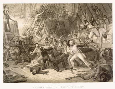 Horatio Nelson går ombord på San Josef i slaget ved Cape St Vincent, 14. februar 1797, gravert av John Crew etter originalen i Greenwich Hospital Collection av George Jones