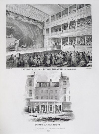 Interiør av Little Theatre, Haymarket i London og Front of the Above, gravert av James Stow (ca. 1770-1820) 1815 av George Jones