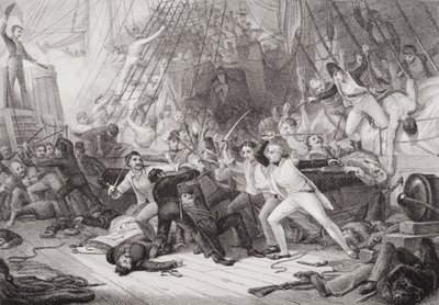 Nelson går ombord på San Josef i slaget ved St. Vincent, 14. februar 1797, fra "Illustrasjoner av engelsk og skotsk historie" bind II av George Jones