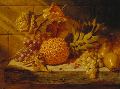 Svarte og hvite druer, pærer, rips og en ananas på en hylle, 1845 av George Lance