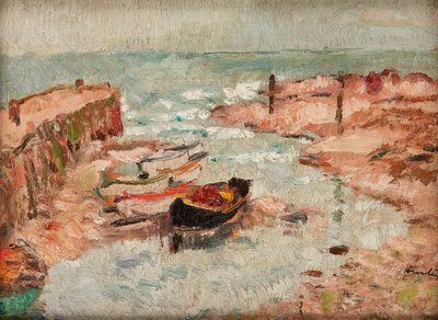 Strandede båter, Lower Largo (olje på panel) av George Leslie Hunter
