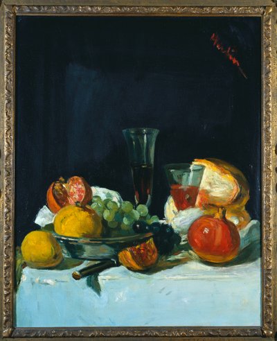 Druer, sitroner og granatepler med hvitvinsglass og brød av George Leslie Hunter