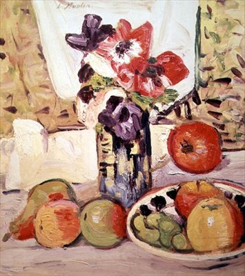 Stilleben av anemoner og epler (olje på lerret) av George Leslie Hunter