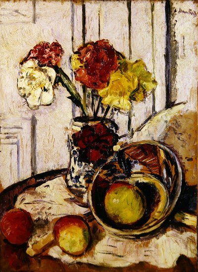 Stilleben av epler og nelliker (olje på panel) av George Leslie Hunter