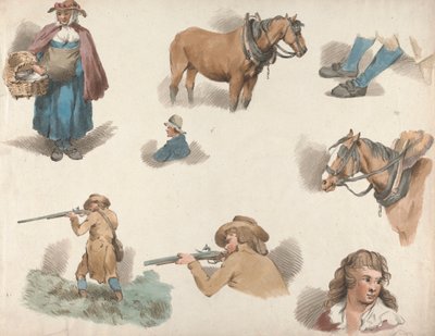 Sett med fem: Åtte studier: Kvinne med kurv, hest med blinkende vogn osv. av George Morland