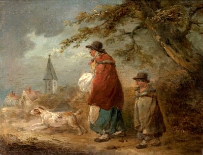Kvinne, barn og hund på en vei av George Morland