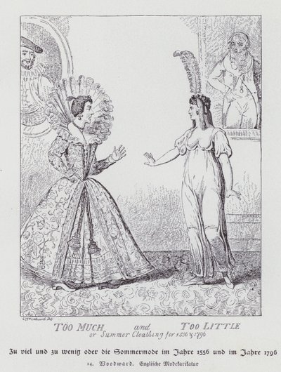 For mye og for lite, sommerklær for 1556 og 1796 (litho) av George Moutard (after) Woodward