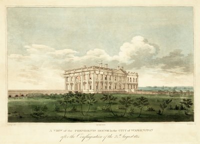 En utsikt over Presidents House i City of Washington etter brannen den 24. august 1814, pub. 1814 av George Moutard Woodward