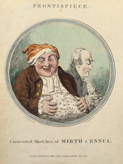 Kontrasterte Sketches of Mirth and Ennui (håndfarget etsning) av George Moutard Woodward