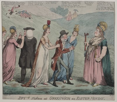 Mor Windsor med fire av hennes kurtisaner beordrer jentene sine til å arrestere biskopen av Durham og hertugen av Queensbury, 1798 (fargetsning) av George Moutard Woodward