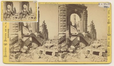 Stereograf av Bryan Block på det nordvestlige hjørnet av Monroe og LaSalle Streets etter Chicago Fire i 1871, 1871 (bw-bilde på kortfeste) av George N. Barnard