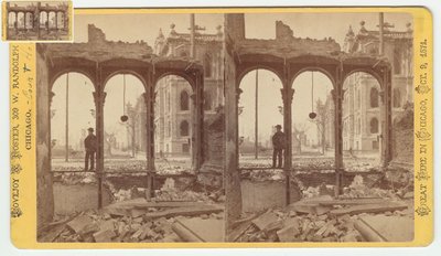 Stereograf av tinghuset sett gjennom ruinene av østsiden av Clark Street etter Chicago-brannen i 1871, 1871 (bw-foto på kortfeste) av George N. Barnard