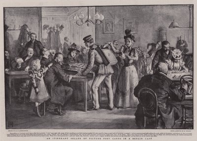 En omreisende selger av bildepostkort på en kafé i Berlin av George Percy Jacomb Hood