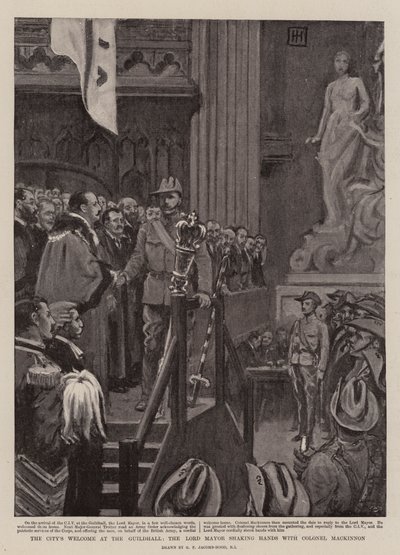 Byens velkomst ved Guildhall, Lord Mayor håndhilser med oberst Mackinnon av George Percy Jacomb Hood