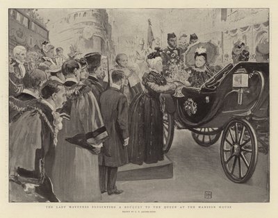 The Lady Mayoress presenterer en bukett til dronningen på Mansion House av George Percy Jacomb Hood