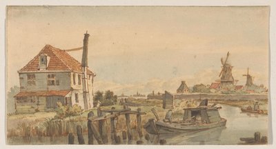 Seil med båt, hus og to vindmøller av George Pieter Westenberg