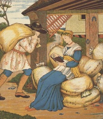 Prinsessen leser fra Rumpelstiltskin (farge litho) av George R. Halkett