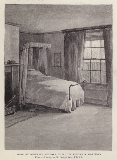 Rom på Somersby Rectory, Lincolnshire, der den engelske poeten Alfred, Lord Tennyson ble født i 1809 (litho) av George Reid