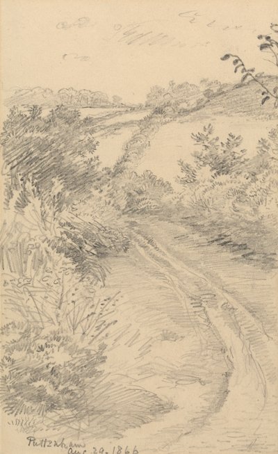 En buskete vei med et felt utenfor av George Richmond