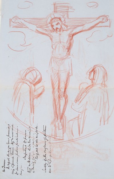 Study of Crucifixion, ca. 1857 (rødt og svart kritt på gråblått lagt vannmerket papir) av George Richmond