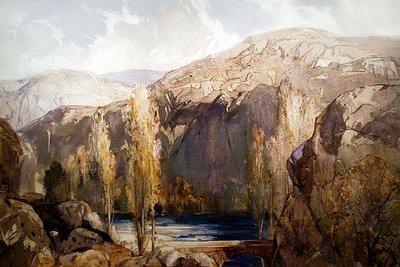 En elv som renner gjennom en steinete kløft (akvarell på papir) av George Robert Rushton