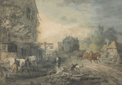 En diligence og fire som stormer gjennom en landsby på Bath-London Road av George Robertson