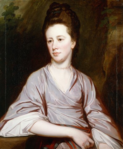Portrett av frøken Joan Knatchbull, sittende i halv lengde iført en rødfarget kjole og et perlekjede, av George Romney