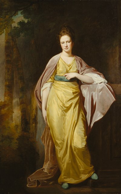 Portrett av fru Ellen Morewood, stående i full lengde, i en gul kjole, blått sash og lilla omslag, lener sin venstre arm på en pidestall, av George Romney