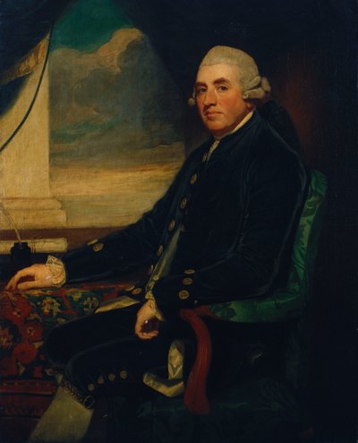 Portrett av den første jarlen av Farnham, sittende, tre fjerdedels lengde, ved et åpent vindu av George Romney