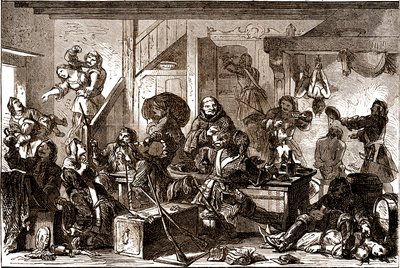 Dragonnades: forfølgelser rettet mot de protestantiske samfunnene i kongeriket Frankrike i løpet av 1680-årene. 1800-tallet (gravering) av George Roux