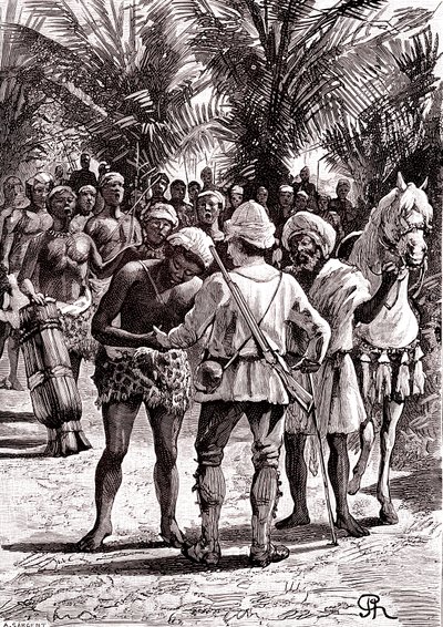 Utforsker i de store innsjøene i Sudan. 1888 (gravering) av George Roux