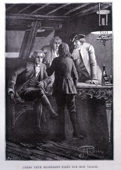 Historiescene på skipsplassen: unge Jim Hawkins foran Dr. Livesey og Chevalier Trelawney - i Stevensons "L