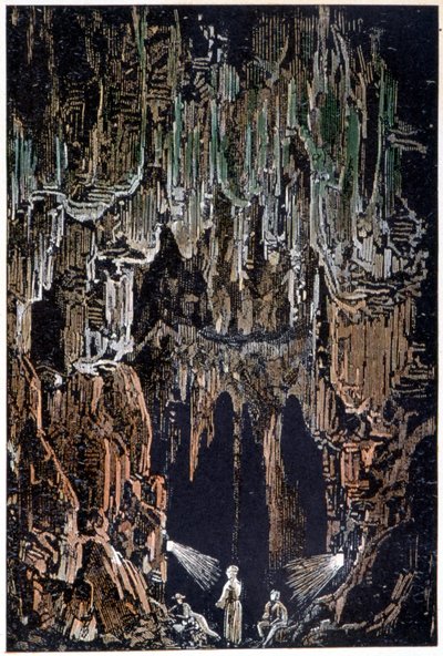 Lampene ble hengt på et lavafremspring i "" Journey to the Center of the Earth"" av Jules Verne av George Roux