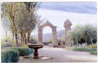 En italiensk hage med en fontene og to bueganger av George Samuel Elgood