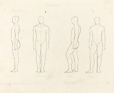 Bevegelsesutstrekning, sett forfra og fra siden, støttet på ett ben av George Scharf after John Flaxman