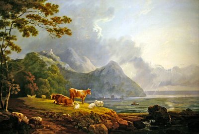 Et omfattende landskap med sauer og kyr (olje på lerret) av George Senior Barrett