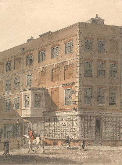 York House, hjørnet av Villiers Street og Strand, med Richardsons gamle og moderne trykklager i forgrunnen av George Shepheard
