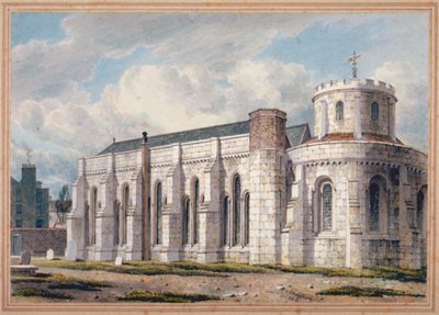 Utsikt over Temple Church fra den andre siden av kirkegården, City of London, 1811 av George Shepherd
