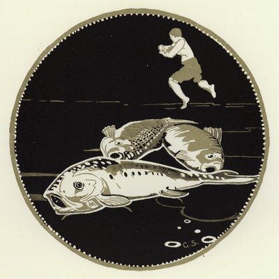 Han så fire store fisker ligge på isen (farge litho) av George Sheringham
