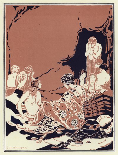 Mange kvinner satt rundt i en sirkel, alle triste og gråt (farge litho) av George Sheringham