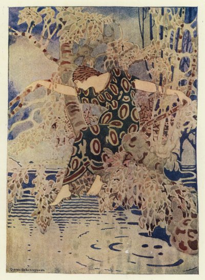 Hun klatret opp i et tre som strakte seg ut over vannet (farge litho) av George Sheringham